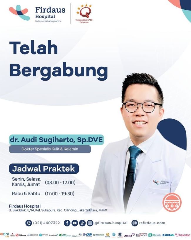 dr. Audi Sugiharto, Sp.DVE Dokter Kulit Jakarta Utara - Photo by Firdaus Hospital Instagram